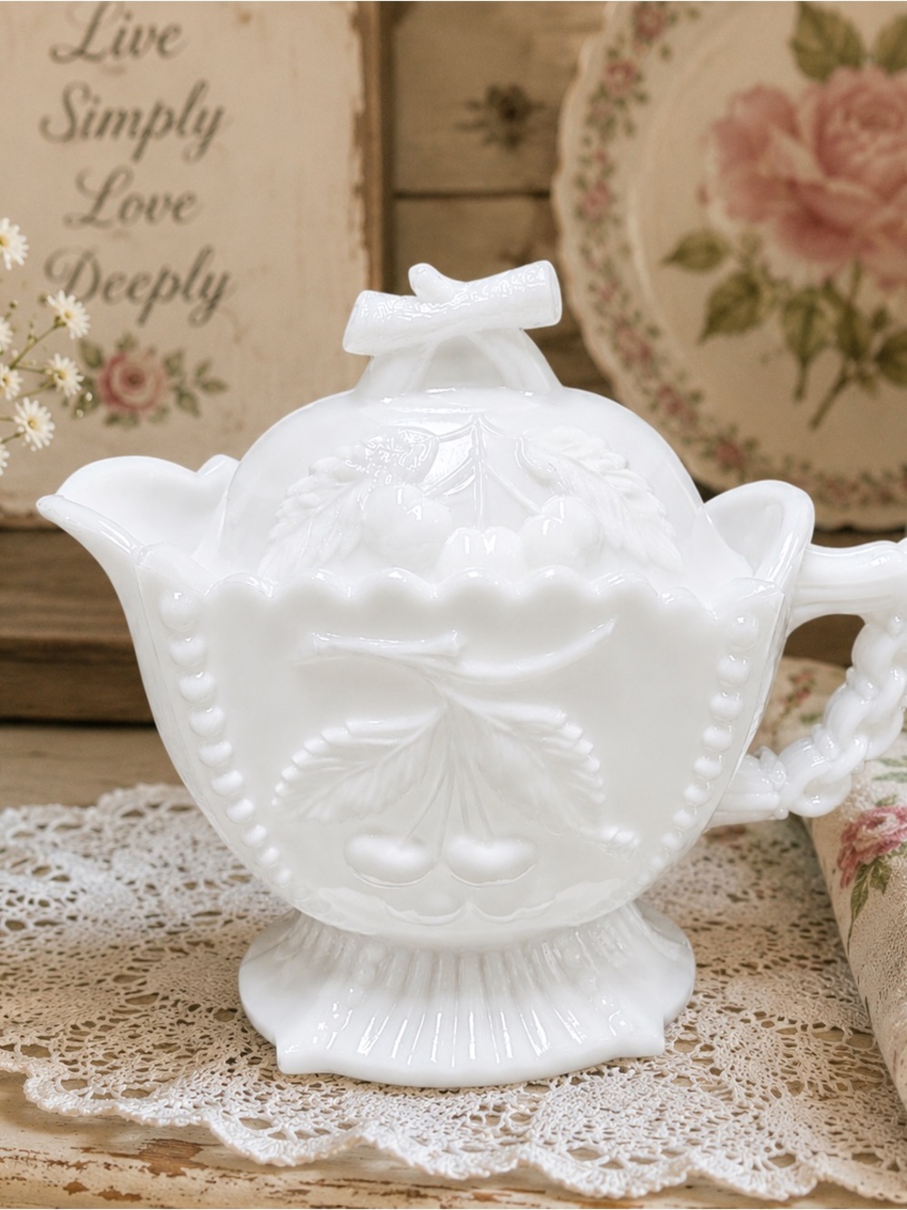 Vintage 50’s Westmoreland Milk Glass Lidded Creamer Cherry & Grape White Cottage